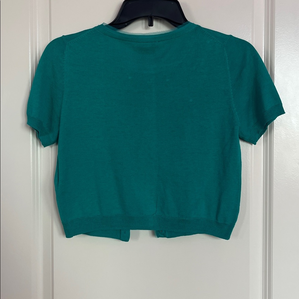 Suzi Chin Teal Silk Blend Cardigan Floral Detail Lightweight Size S - Picture 5 of 6